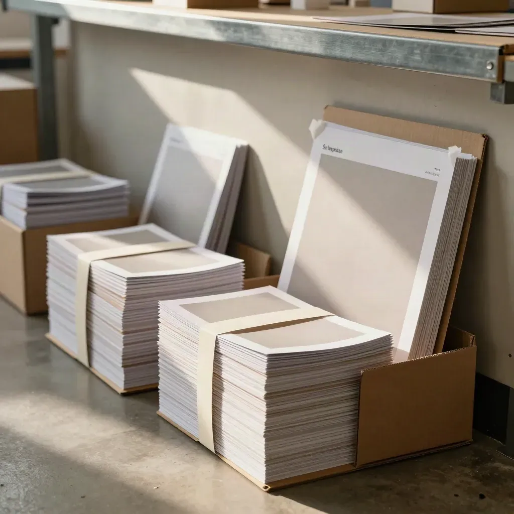 Fajos de flyers A5 atados, cajas abiertas y una muestra impresa en un taller cálido.